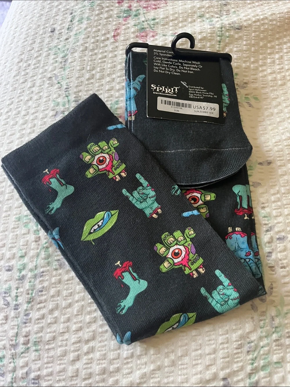 Spirit Black Knee-High Socks with Neon Green & Teal Monster Motif